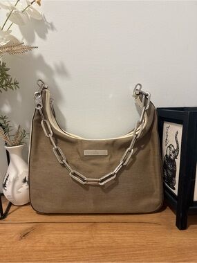 Vintage Gucci Shoulder Bag Canvas Chain-Detail in Taupe